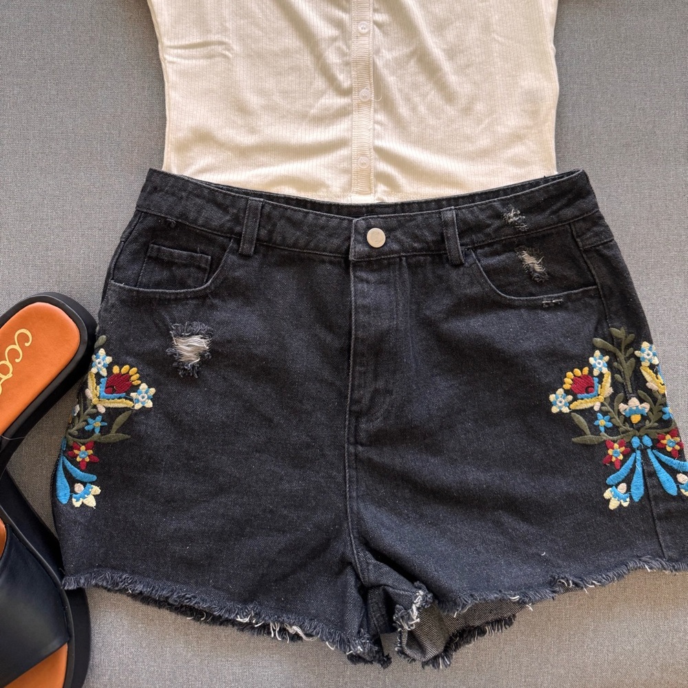 Embroidered Black Denim Shorts